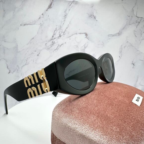 New MIU MIU Sunglasses Black Oval Acetate Gold Metal Logo Authentic Womens - Picture 10 of 16